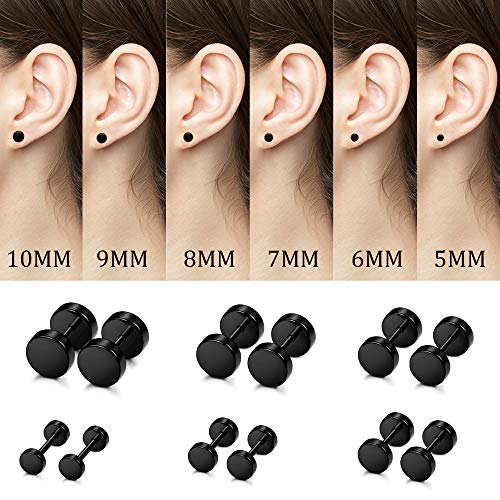 Udalyn 18 Pairs Stainless Steel Flat Stud Earrings Set for Men Women Faux Gauges Ear Tunnel Piercing Screw Earrings Silver Black Gold-Tone 5-10mm3