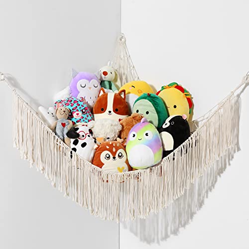 Image of Stuffed Animal Hammock Macrame Boho Plush Toy Hammock Net For Stuffed Animals With Light Pet Net For Stuffed Animals Corner Hanging Stuffed Animal Storage Holder For Wall Teddy Bear Net For Kids Room