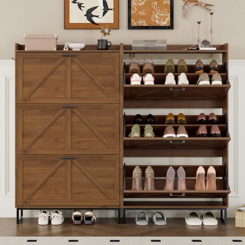 Image of BORNOON Shoe Cabinet with 3 Flip Drawers Narrow Shoe Storage Cabinet Organizer Wooden Freestanding Shoe Rack Hidden Slim Shoes Storage Cabinet for Entryway, Hallway, Living Room, Bedroom