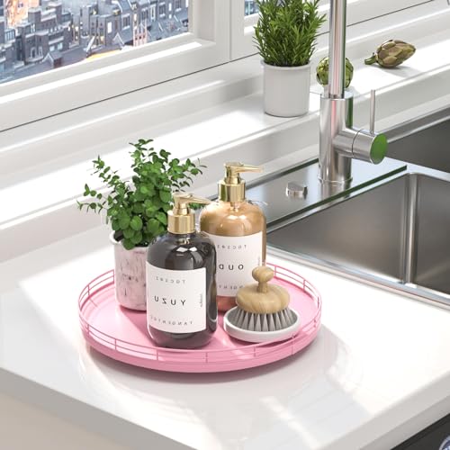 Image of 12 inch Oak Wood Bathroom Tray for Counter, Vanity Tray for Perfume Lotion Candle Makeup Jewelry Sink Soap Holder Turntable Dresser Organizer Countertop Coffee Table Decor Organization and Storage Pink