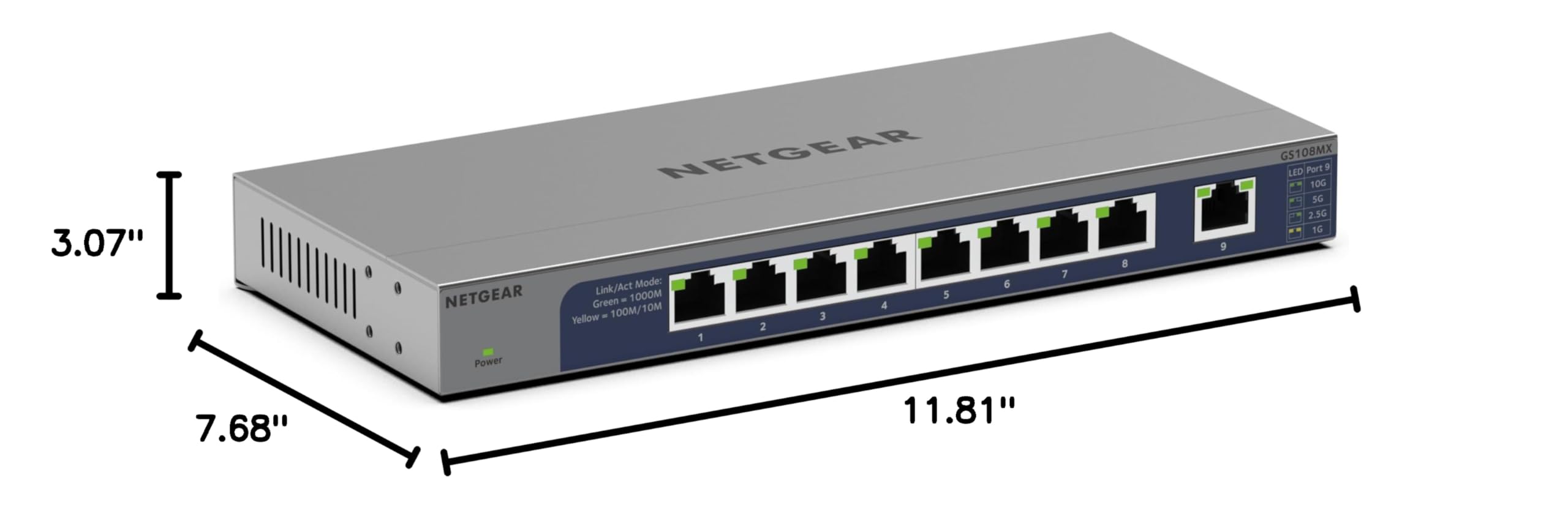 NETGEAR 8-Port 1G/10G Multi-Gigabit Ethernet Unmanaged Switch (GS108MX) - with 1 x 10G/Multi-gig RJ-45 Ethernet Uplink, Desktop or Wall Mount, and Limited Lifetime Protection