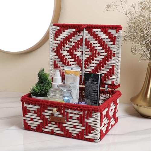 Image of Kaahira Handmade Decorative Storage Box and Organiser | Macrame Gift Hamper Box for Cosmetics, Toiletries & Return Gifts | Aesthetic Rope Woven Organizer (Red and White, Medium - 10x8x4 inches)