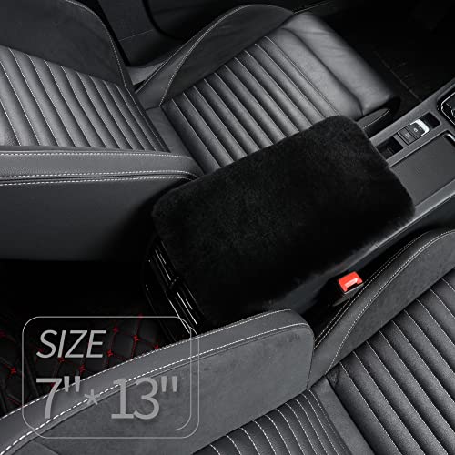 Image of IRIWOOL Sheepskin Armrest Cover Auto Center Armrest Cover Car Soft Console Pad, Fluffy Wool Auto Center Console Cover for Most Car Arm Rest Decoration Protector 7 x 13 Inch (Shearling, Black)