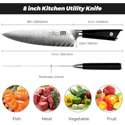 SHAN ZU Coltelli da Cucina Damasco 21cm Giapponese Coltello da Chef in 67 Strati Damasco 10Cr15MoV Acciaio ad Alto Tenore di Carbonio Professionali Coltello Multiuso con Manico in fibra di vetro G10 - immagine 5