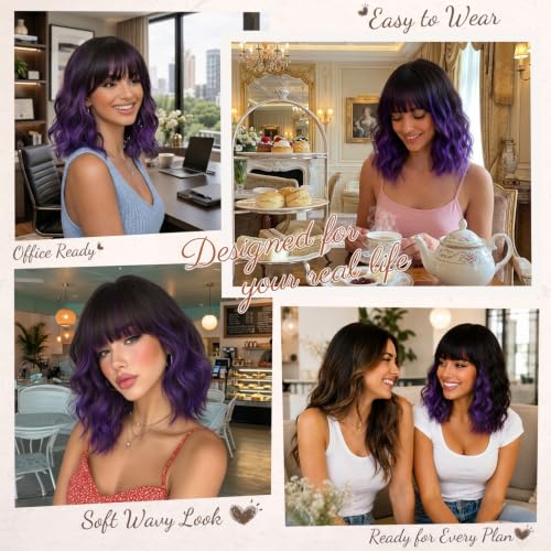 Image of Nnzes Short Wavy Bob Wig with Bangs for Women Shoulder Length Curly Dark Brown with Purple Synthetic Heat-Resistant Fiber Hair for Daily & Party Use