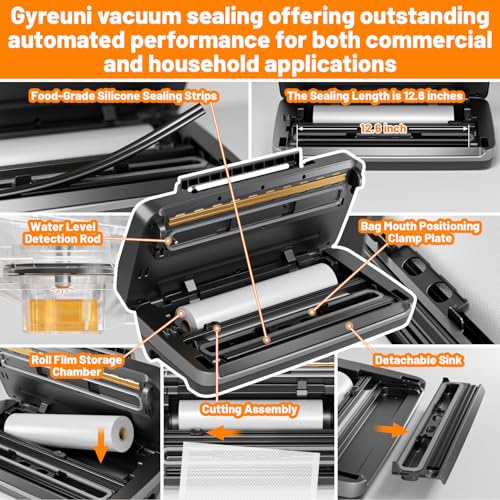 Gyreuni 95Kpa Vacuum Sealer Machine for Food with Bags, 12-in-1 Food Saver Vacuum Sealer with Double Heat Seal, Built-in Cutter,Accessory Hose, Bag Storage,10 Bags, 1 Bag Roll & Marker Pen,App Control by Gyreuni - Used condition - Image 5