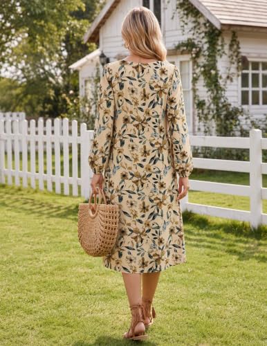 Image of Zeagoo Fall Dresses for Women Long Sleeve Midi Dress Casual A Line Dresses 2026 Pleated Flare Dress with Pockets