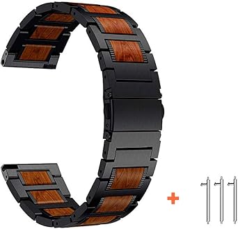 22mm Watch Bands for Fossil Gen 6 44/Gen 5 LTE/Gen 5E 44mm/Gen 5 Mens Carlyle/Garrett/Womens Julianna/Gen 4 Explorist HR, Natural Red Sandalwood & Metal Smart Watch Strap Replacement-Black