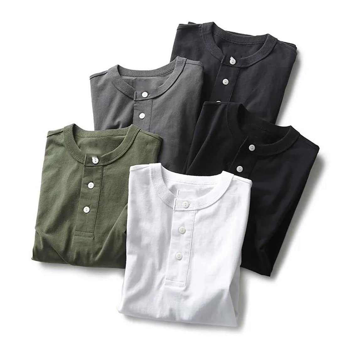 Vogrtcc Camiseta de manga corta con cuello Henry para hombre, algodón lavado, estilo casual