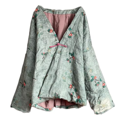 NFYM Women's Lightweight Quilted Kimono Jacket Linen Printed Open Front One Button Vintage Chinese Hanfu Style Outwear