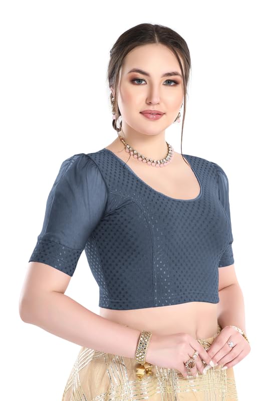 Image of FINESTFIT Stay On Trend Fashion 100% Cotton Readymade Blouses for Women,Round Neckline with Organza Balloon Sleeves.