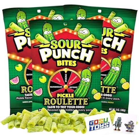 Sour Punch Bites Pickle Roulette - Candy Game with Assorted Flavors: Watermelon, Lemon Lime, Green Apple, Hidden Pickle Bites - 5 Ounces bag (Pack of 3) with two Gosu Toys stickers Cover