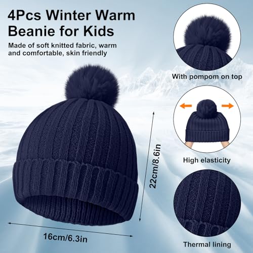 Image of JaGely Kids Beanie and Glove Set Winter Snow Warm Hat and Gloves Unisex Knit Hat with Pompom Full Fingers Ski for Boys Girls