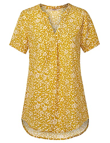 Timeson Short Sleeve Blouses for Women,Women's Business Attire Formal Dress Shirts Floral Career Chiffon Tunics Tops for Office V Neck Professional Blouse Summer Ladies Dressy Shirts Yellow