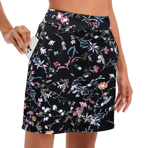 Timuspo Falda de tenis para mujer con pantalones, falda corta con bolsillos, falda deportiva de verano, para golf, senderismo, correr, ciclismo, Mezcla de flores negras, M