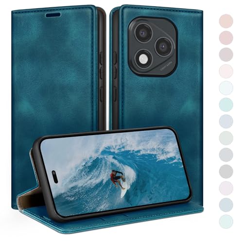 Coque Honor 400 Lite 5G HUOUH étui à rabat en cuir avec portefeuille sarcelle