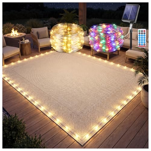 Solar Powered LED Rope Light for Outdoor Rug 46FT Patio Floor Lights with Warm White & Multicolor for Backyard Deck Decor Solar & USB Recharge Remote Timer Waterproof 24 Rug Clips Included