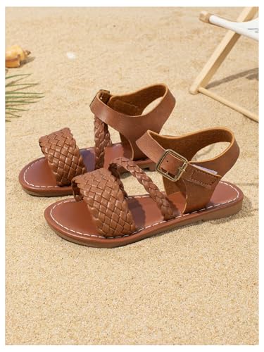 GORGLITTER Girl's Leather Ankle Strap Flat Sandals Dressy Braided Round Open Toe Summer Vacation Beach Cute Sandals 20253