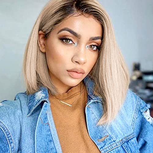 Short Straight Bob Wig 14 Inch Middle Part Wig Ombre Light Blonde Color Wig for Women Colored Halloween Full Cosply Wig Synthetic Shoulder Length Heat Resistant Hair Natural Looking Wig