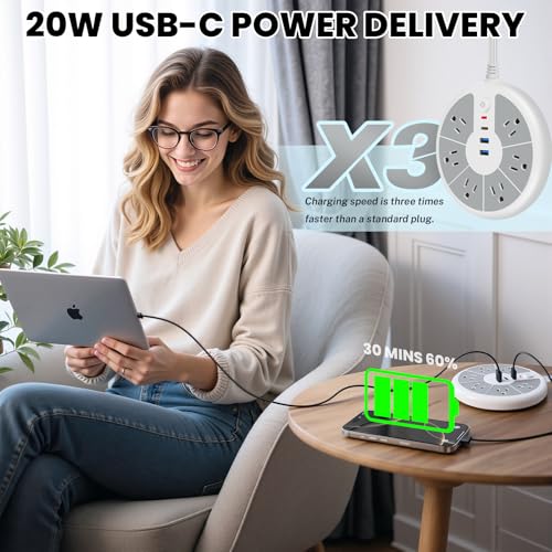 Regleta ultrafina con 6 tomas, protector de sobretensión y 3 puertos USB, incluyendo USB-C de carga rápida miniatura 4