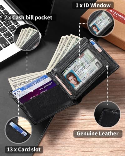 Image of Artpaxy Mens Wallet Bifold Genuine Leather RFID Blocking Wallet for Men with 1 ID Window 13 Card Holders 2 cash pockets 1 Gift Box