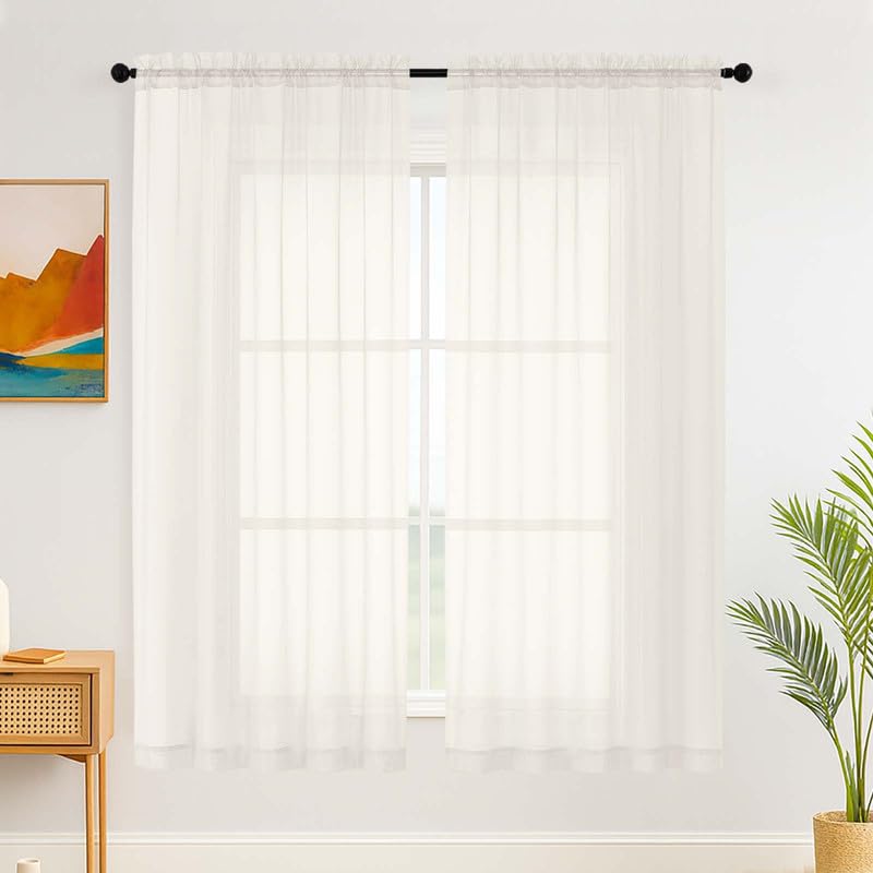 Simplebrand Ivory Sheer Curtains for Living Room 183 cm Length Panels Set - Light Filtering, Rod Pocket Window Home Voile Curtains & Drapes for Bedroom, Elegant Drapes (Ivory, 150cm W x 183cm L)