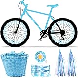 Kid's Bicycle Basket Streamers Set Children's Bike Handlebar Wicker Basket with 2 LED Bike Wheel Lights Colorful Bike Streamers Daisy Bike Bell Bike Decoration Accessories Kit for Kids Bike (Blue)