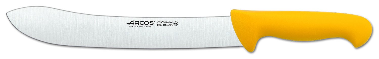 Arcos Series 2900 - Butcher Knife Steak Knife - 10" Blade Nitrum Stainless Steel - Polypropylene Yellow Handle - Silver - European Color Identification System - Heavy Duty Knife 7''