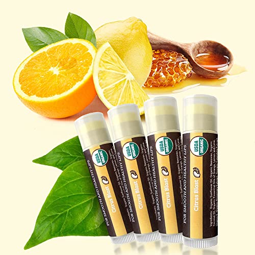 Usda Organic Lip Balm 4-Pack By Earth's Daughter - Citrus Flavor, Beeswax, Coconut Oil, Vitamin E - Best Lip Repair Chapstick For Dry Cracked Lips. #TOP2