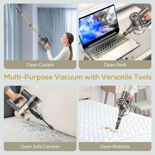 Image of MBTTODF Cordless Vacuum Cleaner, Lightweight Stick Vacuum with Rechargeable Battery, Handheld Conversion, LED Headlights, for Hardwood Floor Carpet Pet Hair Stairs Car(Golden)