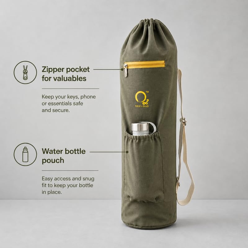 Image of O2 Yoga Mat Bag | Basic Style Cotton Yoga Mat Carry Bag with Adjustable Double Straps | Bottle Holder & Zipper Pocket | Yoga Mat Cover Bag for Women & Men | Fits 2mm-10mm Mats - Greenish Grey