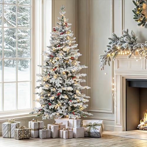YITAHOME Potted Pre-Lit Flocked Arctic Fir Pencil Tree, 6 ft Slim...