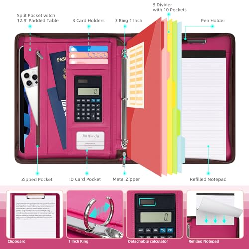 Image of Ospelelf Zipper Clipboard with Storage, Leather Padfolio Portfolio Folder, 3 Ring Binder Dividers with Tabs, 12.1 inch Tablet Sleeve, Refillable Notepad, Card Slot (Rose Red)