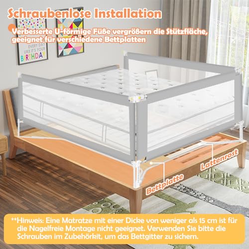 Vkechh Barierka ochronna do łóżeczka dziecięcego 200 cm x 2 + 150 cm x 1, kratka ochronna do łóżeczka dziecięcego, z regulacją wysokości 68-95 cm, dla dzieci i rodziców, szara