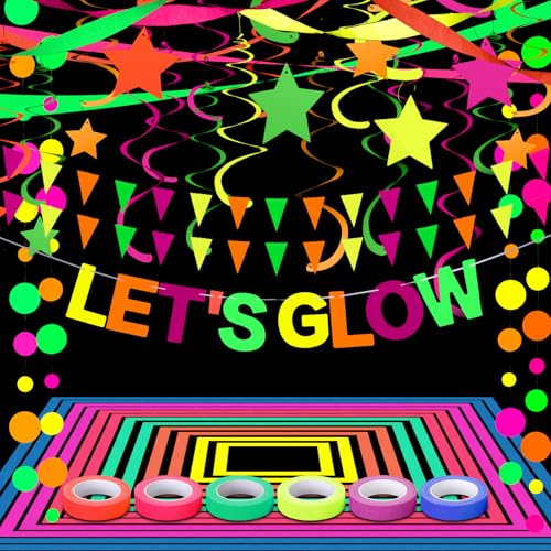 HyDren Glow in the Dark Party Supplies Neon Party Decorations Include Let's Glow Banner Neon Pennant Bunting Neon Paper Garlands Streamers UV Black Light Reactive Tape for Black Light Party