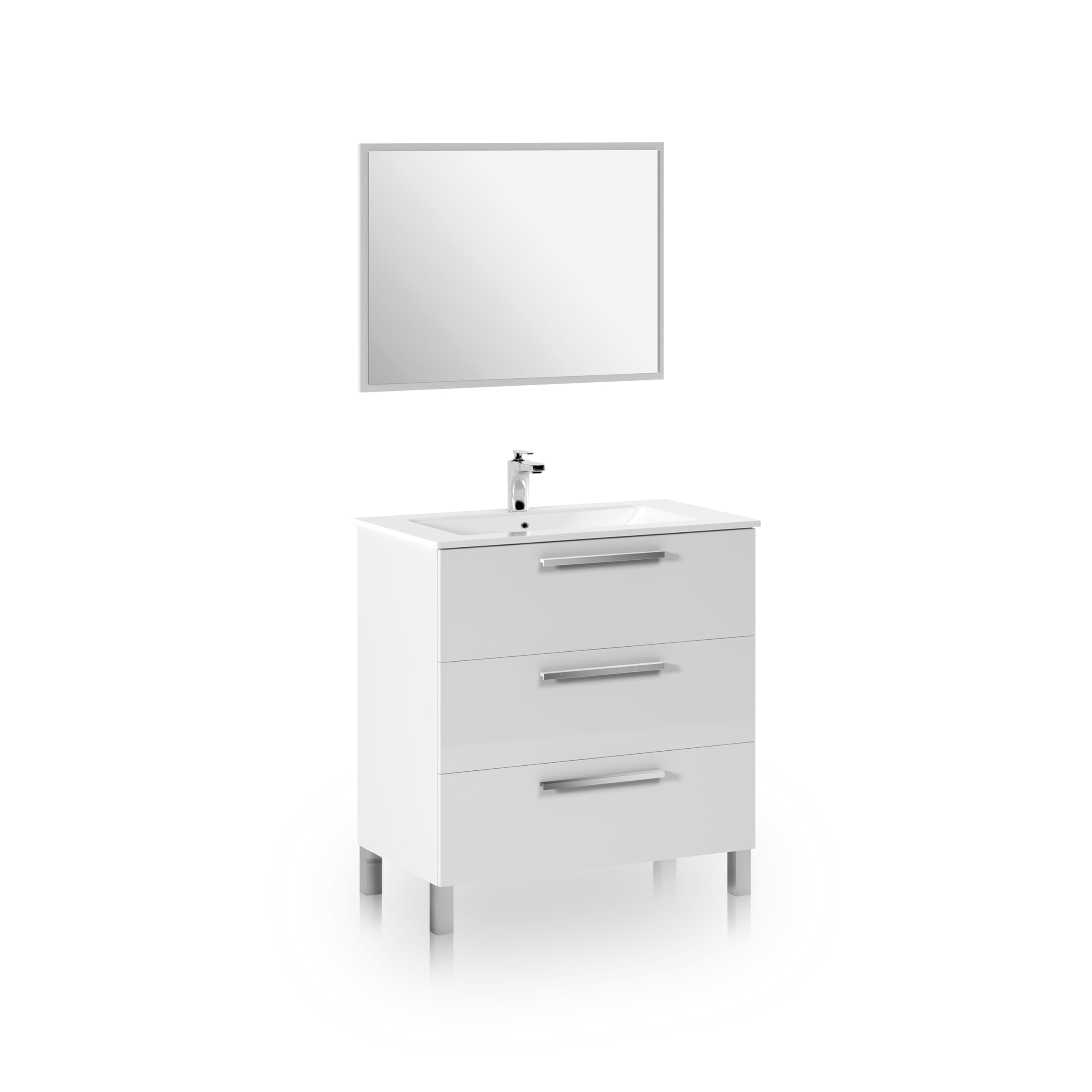 duehome | Mueble de Baño con 3 Cajones y Espejo, Modulo Lavabo, Modelo Feel, Acabado en Blanco Brillo, Medidas: 80 cm (Ancho) x 86 cm (Alto) x 45 cm (Fondo)