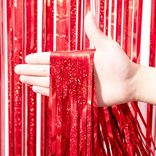 Voircoloria 2 Pack Red Tinsel Foil Fringe Curtains, Red Party Decorations, Metallic Tinsel Party Streamers Backdrop for Birthday Baby Shower Graduation Wedding Valentine's day Party Decorations