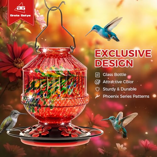 Blown Glass Hummingbird Feeders for Outdoors, 25 Ounces Wild Bird Nectar Feeder with Perch & 5 Flower Feeding Ports Leak Proof Hanging for Garden Backyard Decor, Gifts for Women Mom, Phoenix Red - Image 2