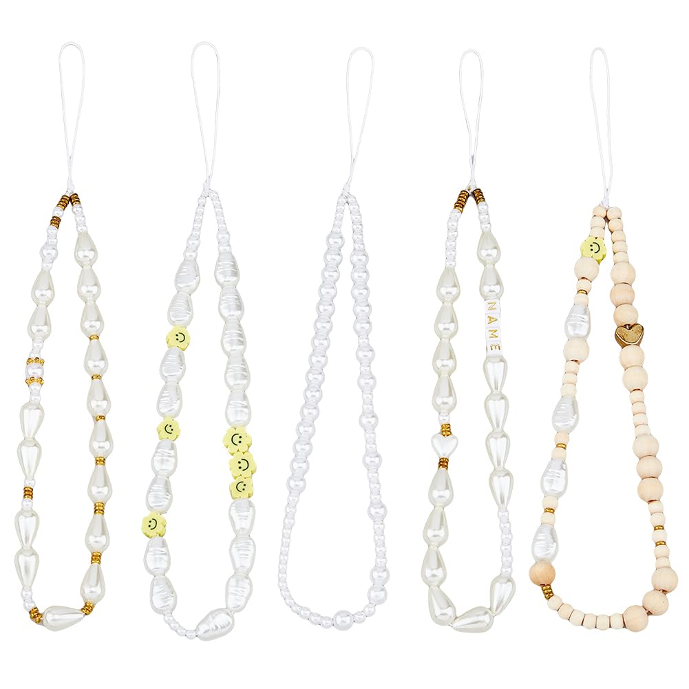 SUPERFINDINGS 5Pcs 5 Style Beads Mobile Straps Polymer Clay Beaded Phone Lanyard Wrist Straps Mobile Accessories Decorations Pearl Wood Beads Phone Charms 26cm