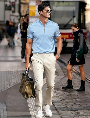 Camisetas polo para hombre con cremallera, manga corta y cuello sin solapas, ideales para golf, tenis y deporte al aire libre miniatura 3