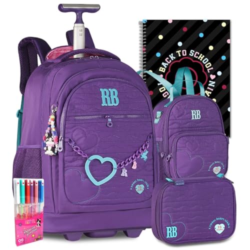 Kit Mochila RB Rebecca Bonbon Rodinha Carrinho Lancheira Estojo Escolar Meninas Resistente Infantil Juvenil (Roxo)