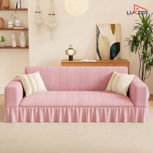 Image of Lukzer 3 Seater Jacquard Sofa Cover with 360 Frill Skirt - Pastel Pink Zigzag Pattern| 240 GSM Stretchable Anti-Slip Fully Covered Universal Couch Cover for Living Room (180-230CM /SC-078-03F)