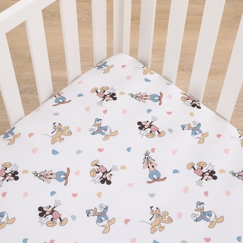 Image of NoJo Disney Mickey Mouse Light Blue, White, and Tan Donald Duck, Goofy, and Pluto Super Soft Nursery Fitted Crib Sheet