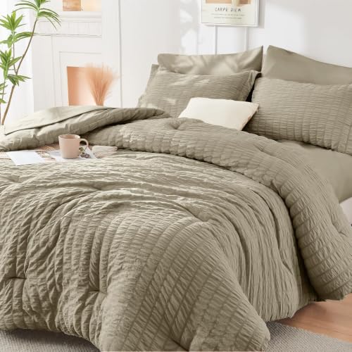 Image of HYMOKEGE Linen Twin Comforter Set Seersucker 5 Pieces, All Season Luxury Bed in a Bag for Bedroom, Bedding Set with Comforter, Sheets, Pillowcase & Sham