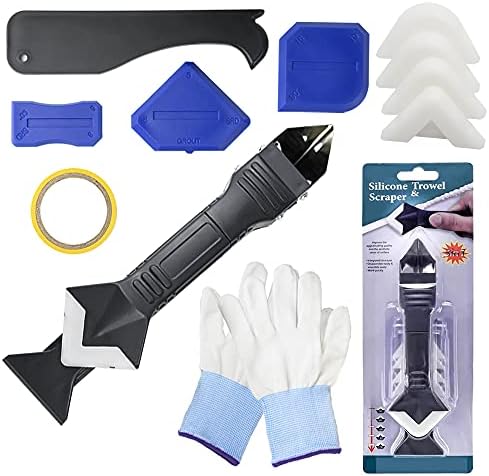 3 In 1 Caulking Tool Kit, Caulk Removal Tool Sets with Stainless Steel Head Scraper, 5 Replaceable Silicone Pads, Sealant Finishing Tool for Kitchen Bathroom Window and Sink Joint