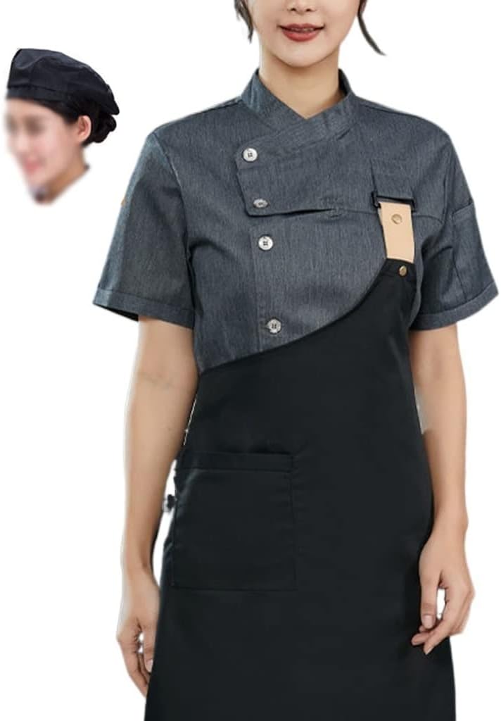 Mens Chef Clothes Chef Coat Uniform Personalized Customized Tops + Apron + Hat 3pcs (Color : Gray, Size : X-Large)