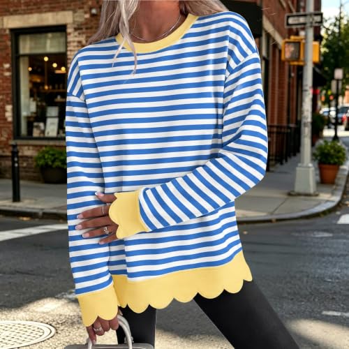 Womens Striped Sweatshirt Cotton Scalloped Hem Color Block Pullover | Women Clothes Trendy 2026, Round Collar, Scalloped, Cozy, Weekend, School, Casual, Work, Travel, Layering, Going Out - image 4