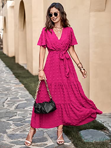 Image of MASCOMODA Women Boho Swiss Dot Maxi Dresses Wrap V Neck Flutter Short Sleeve Solid Tie Waist A Line Tiered Flowy Long Dresses