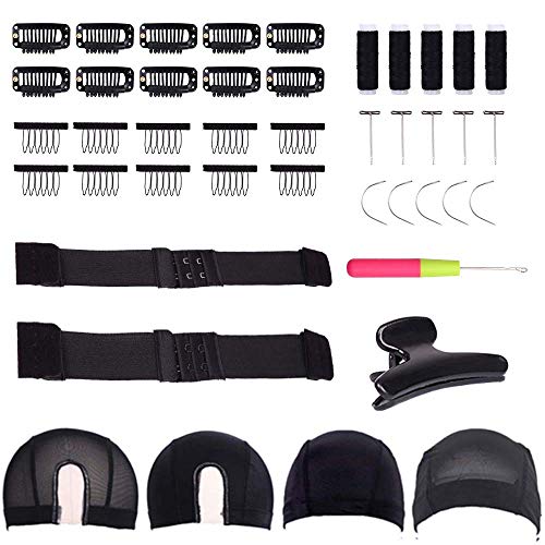 fani Mesh Spandex U-Part Dome Wig Cap with T-Pin Needle, C Shape Needles, Tooth Wig Combs and Black Large Butterfly Clamps, Elastic Band Wig Kit for Making Wigs