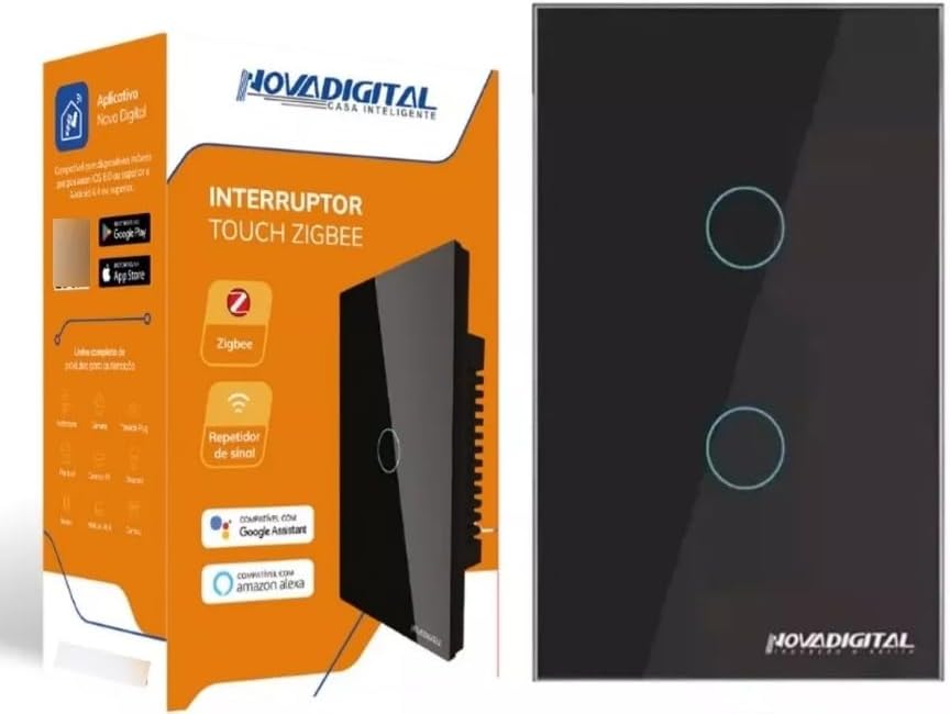 Interruptor Touch de 2 Teclas Inteligente Zigbee, Preto, Alexa, G...